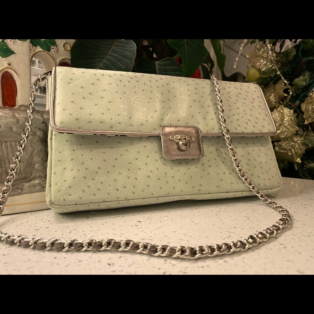 Mint green, subtle animal pattern, bag with pewter metal finishes, leather